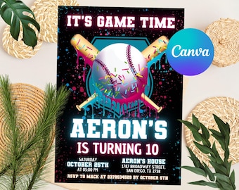 Convite de aniversário com sorvete de beisebol, convite de beisebol EDITÁVEL, sorvete, convite com sorvete, festa neon com sorvete de beisebol