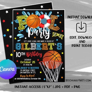 Puede incluir: Una invitación a una fiesta de piscina con temática de baloncesto con un fondo de pizarra negra. La invitación presenta un aro de baloncesto con una pelota de baloncesto que pasa por la red, un flotador de piscina y gafas de sol. El texto de la invitación dice "Pool Party", "Let's have a ball and make a splash at Gilbert's 10th Birthday", "Saturday October 25 at 04:00 PM", "Gilbert's House 176 Birthday Street San Marteen, NY 175", "RSVP to Mach at 305786934251 by October 5th", "Descarga instantánea", "¡Edita, descarga e imprime hoy!" y "BeechunkyParty.com".
