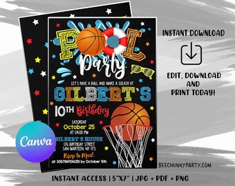Editable Basketball Pool Party Invitation, Pool Party Invitation, Basketball Pool Party - Digital File