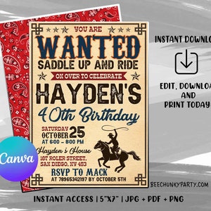 Western Birthday Invitation, EDITABLE Wanted Poster Invitation, Cowboy Birthday Invitation, Wild West Party, INSTANT DOWNLOAD