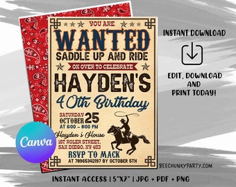 May include: A printable 5x7 inch invitation for a cowboy themed birthday party. The invitation is beige with red, white, and blue accents. It says "You are Wanted Saddle Up and Ride" and "Hayden's 40th Birthday" with a cowboy riding a horse. The invitation also includes the date, time, and location of the party.