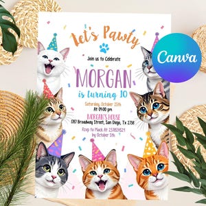 Invito di compleanno modificabile a tema gatto, invito di compleanno a tema gatto, sei tu il mio compleanno, invito di compleanno Paw-ty, arcobaleno, digitale