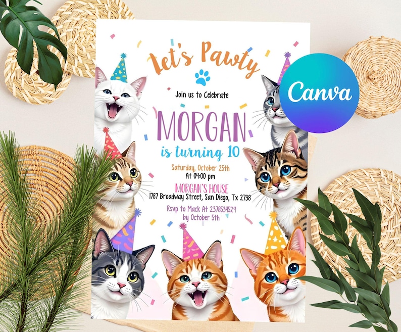 Editable Cat Birthday Invitation, Cat Theme Birthday Invitation, Are You Kitten Me Birthday, Paw-ty Birthday Invite, Rainbow, Digital