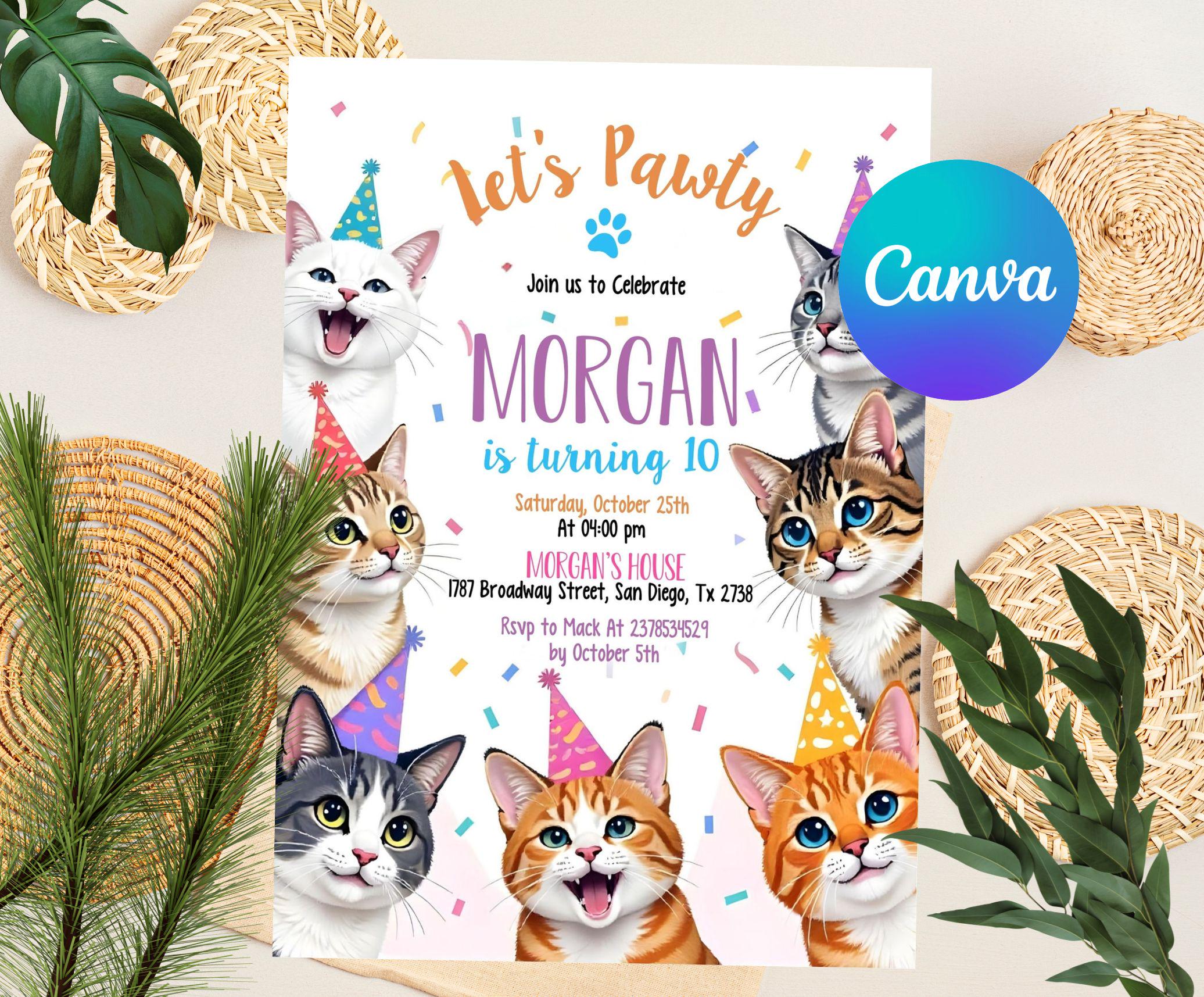 Editable Cat Birthday Invitation, Cat Theme Birthday Invitation, Are You Kitten Me Birthday, Paw-ty Birthday Invite, Rainbow, Digital