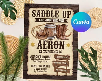 May include: A rustic-themed birthday party invitation for a boy named Aeron turning 10. The invitation features a cowboy hat, boots, and a barrel on a wooden background. The text reads "Saddle Up and Join the Fun" and includes details about the party, including the date, time, and location.