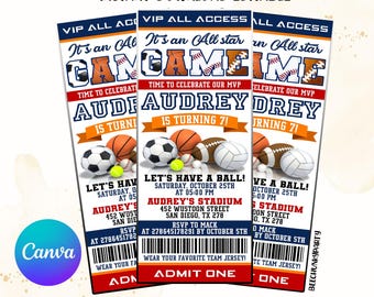 Editable All Star Sport ticket Invitation, Sports Birthday Invitation, Football, baseball, basketball, soccer with Canva