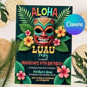 Luau Birthday Invitation, Luau Invitation, Hawaiian Birthday Invitation, Luau Party Invitation, Hawaiian Invitation Editable Luau Invitation