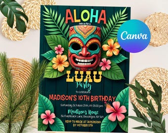 Luau Birthday Invitation, Luau Invitation, Hawaiian Birthday Invitation, Luau Party Invitation, Hawaiian Invitation Editable Luau Invitation