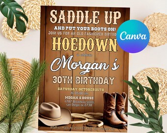 Convite para festa de aniversário Western Hoedown, prepare-se e calce suas botas, convite de aniversário de cowboy para impressão, modelo Canva
