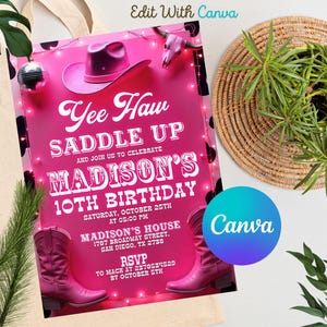Cowgirl Birthday Invitation, Nashville Party, Pink Cowgirl Party Invite, Space Cowgirl Birthday, Disco Rodeo Invite, Editable Canva Template