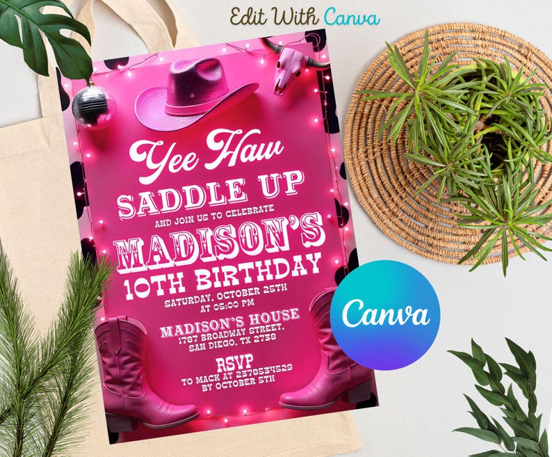 Cowgirl Birthday Invitation, Nashville Party, Pink Cowgirl Party Invite, Space Cowgirl Birthday, Disco Rodeo Invite, Editable Canva Template