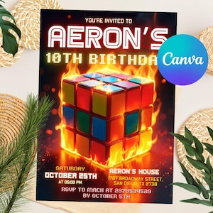 May include: A birthday invitation with a fiery Rubik's Cube graphic. The invitation reads "AERON'S 10TH BIRTHDAY" with event details: October 25th, 5:00 PM, and an RSVP contact. The Canva logo is visible.