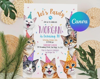 Editable Cat Birthday Invitation, Cat Theme Birthday Invitation, Are You Kitten Me Birthday, Paw-ty Birthday Invite, Rainbow, Digital