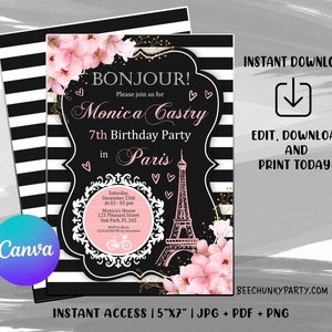 Plantilla de invitación de cumpleaños de París, invitación de fiesta de cumpleaños de París, Torre Eiffel, Oh La La, fiesta de cumpleaños temática de París