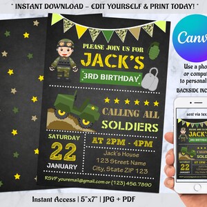 Bewerkbare legeruitnodiging, legerverjaardagsuitnodiging, legeruitnodiging, legerfeest gepersonaliseerde uitnodiging, met CANVA