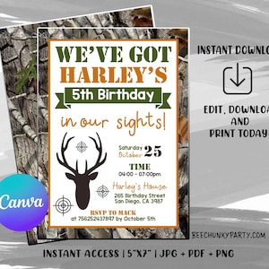 Convite de festa de aniversário de caça, convite de aniversário de caça, convite de veado, tema de veado, convite de caça, convite móvel