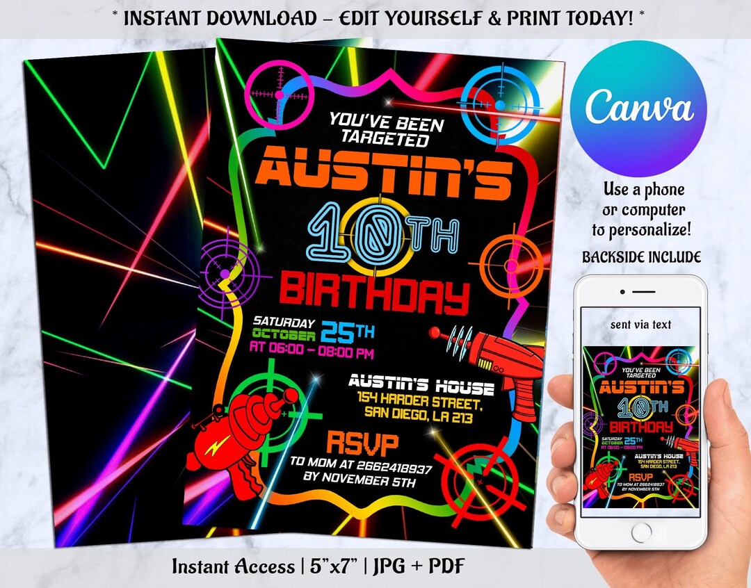 EDITABLE Laser Tag Birthday Invitation, Laser Tag Party Invitation ...