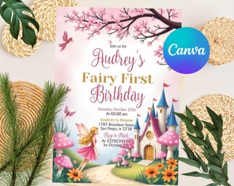 Fairy First Birthday Invitation Girl, Boho Arch Fairy 1st Birthday Invite, Garden, Enchanted Garden Fairy Invitation, Birthday Girl
