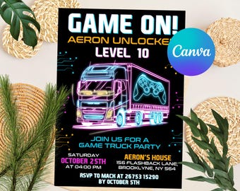 May include: A neon blue and pink game truck party invitation with the text "GAME ON! AERON UNLOCKED LEVEL 10" and a neon blue and pink game truck with a neon blue and pink video game controller on the back. The invitation also includes the text "JOIN US FOR A GAME TRUCK PARTY" and the date and time of the party. The invitation is on a black background.