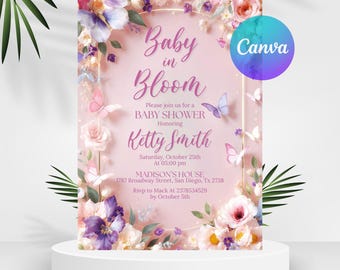 Invitación de cumpleaños de mariposa, fiesta de mariposas para niña, invitación de cumpleaños de mariposa morada, invitación para el primer cumpleaños, plantilla editable de Canva