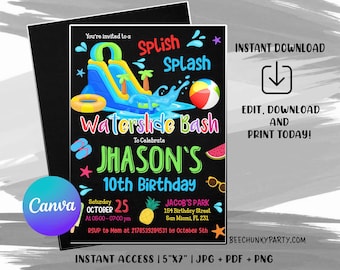 Bewerkbare waterglijbaan splash-verjaardagsuitnodiging, glijbaan bas, digitaal afdrukbaar met CANVA
