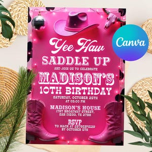 Cowgirl Birthday Invitation, Nashville Party, Pink Cowgirl Party Invite, Space Cowgirl Birthday, Disco Rodeo Invite, Editable Canva Template