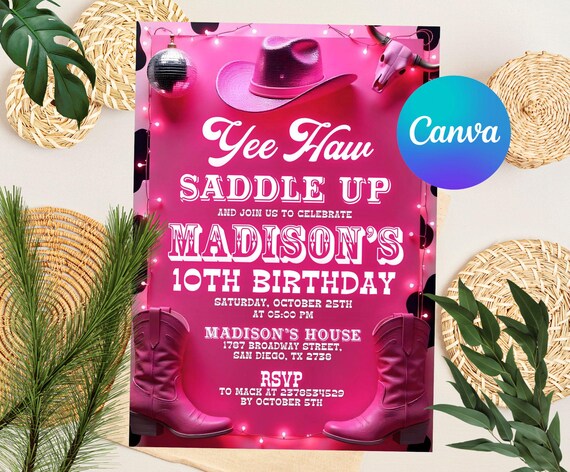 Cowgirl Birthday Invitation, Nashville Party, Pink Cowgirl Party Invite, Space Cowgirl Birthday, Disco Rodeo Invite, Editable Canva Template