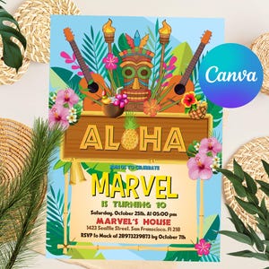 May include: A colorful invitation for a luau themed birthday party. The invitation features a tiki mask, tropical flowers, and guitars. The text on the invitation reads "Join us to celebrate Marvel is turning 10. Saturday, October 25th. At 05:00 pm. Marvel's House. 1423 Seattle Street, San Francisco, Fl 218. RSVP to Mack at 28973239873 by October 7th."
