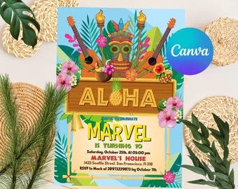 Aloha Geburtstagseinladung, Tropischer Geburtstag, Aloha lädt ein, Tropical Party einladen, Luau Geburtstag, Instant Download mit CANVA