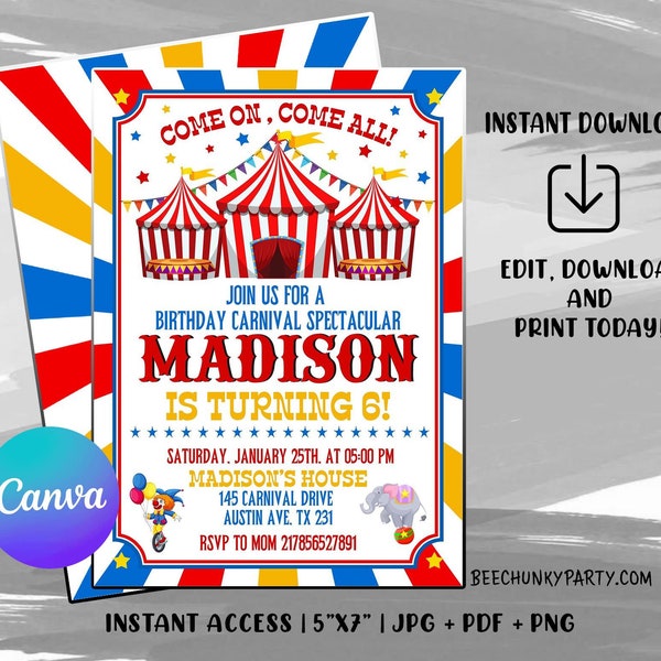 Faire-part carnaval cirque, invitation fête d'anniversaire carnaval, invitation fête cirque, invitation carnaval, modifiable sur CANVA