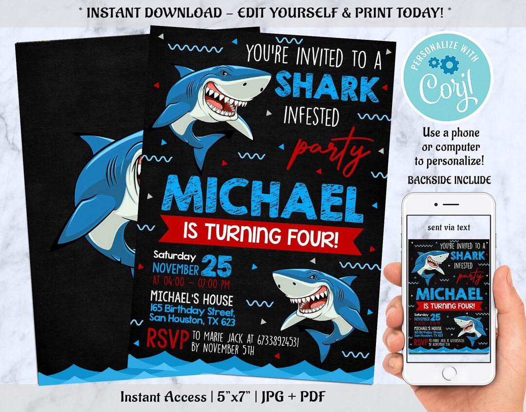 Shark Birthday Invitation Shark Invitation Shark Template - Etsy