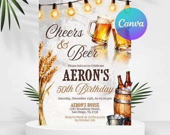 40th Cheers and Beers Surprise Birthday Party Invitation, Shhh It's a Surprise Beer Celebration Invite, 30th 40th 50th Invite,Editable Canva
