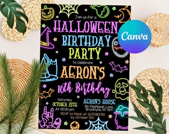 Editable Neon Halloween Party Invite, Glow Birthday Invitation, Halloween Invitation, Halloween Spooky Party Invite, Digital