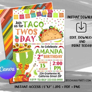 Taco Twosday Invitation, Taco Twosday Party, Taco Party, Fiesta Birthday Invitation, Mexican Birthday Party, Instant Download