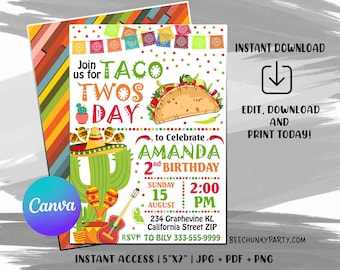 Taco Twosday Invitation, Taco Twosday Party, Taco Party, Fiesta Birthday Invitation, Mexican Birthday Party, Instant Download