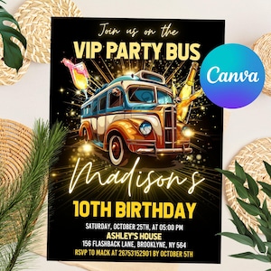 Digital VIP Party Bus Birthday Invitation Itinerary Template, Self Edit Limo Party Invitation, Birthday Party Bus Invite, Printable Download