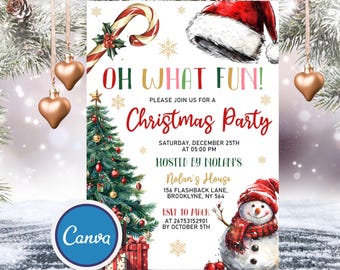 Editable Christmas Party Invitation, Christmas Invitation Kids, Santa Hat Oh What Fun Invite, Holiday Invitation, Printable Template