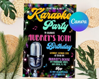 Könnte beinhalten: Eine schwarze und neonfarbene Einladung zu einer Karaoke-Party zur Feier von Aubreys 10. Geburtstag. Die Einladung zeigt ein Mikrofon, Noten und den Text "Bitte schließen Sie sich uns zu einer Karaoke-Party an, um Aubreys 10. Geburtstag zu feiern".