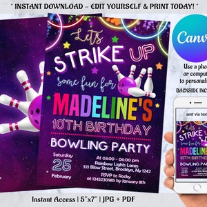Editable Bowling Invitation, Bowling Birthday Invitation, Bowling Template Download, Digital File
