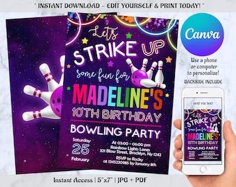 Peut inclure: Une invitation d'anniversaire sur le thème de la galaxie, de couleur violette et noire, avec du texte rose néon, bleu et vert qui dit "Let's Strike Up Some Fun for Madeline's 10th Birthday Bowling Party". L'invitation comprend un graphique de quilles et de boule de bowling. La date est le samedi 25 février.