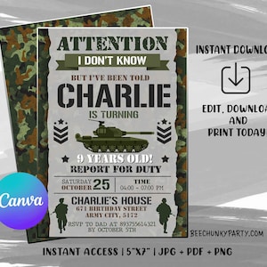 Faire-part de l'armée modifiable, faire-part d'anniversaire de l'armée, faire-part de l'armée, fête de l'armée avec toile