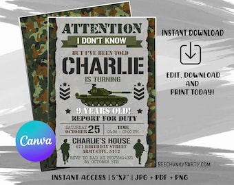 Editable Army Invitation, Army Birthday Invitation, Army Invitation, Army Party with CANVA