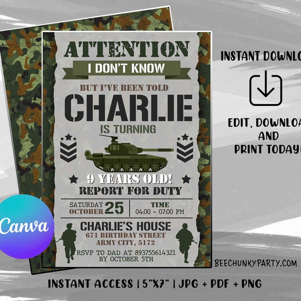 Editable Army Invitation, Army Birthday Invitation, Army Invitation, Army Party with CANVA