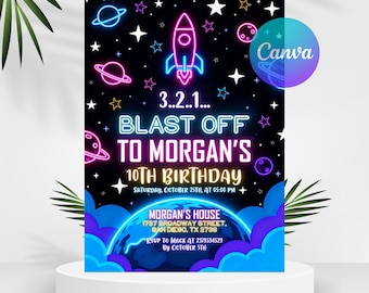 Invitación a fiesta de cumpleaños espacial de neón, invitación a fiesta de galaxia, invitación de cumpleaños de astronauta del espacio exterior, planetas de cohetes espaciales, Canva editable