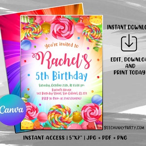 Candy Birthday Invitation, Candyland Birthday, Invitation Candyland Lolipop, Sweet Celebration Birthday, Digital File, Instant Download