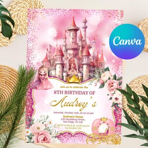 Editable Princess Birthday Invitation, Princess Birthday party evite, Pink Princess party invitation template, Canva Template