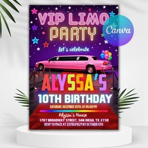 Può includere: Un invito a una festa con una limousine rosa, il testo "VIP Limo Party" e "10° Compleanno di Alyssa". L'invito include la data, l'ora e le informazioni RSVP. Lo sfondo è viola con stelle.