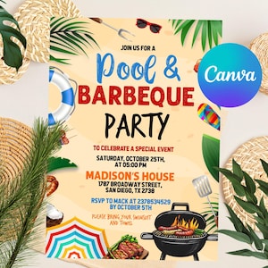 Editable Pool Party and BBQ invitation, Summer Party Invite, Pool Party Invite, BBQ Pool Cookout Party, Barbecue Invitation