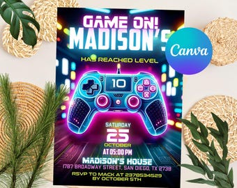 Faire-part de fête d'anniversaire jeu vidéo, passer un niveau supérieur, invitation à une fête d'arcade, invitation néon phosphorescent, gamer vidéo phosphorescent, toile modifiable