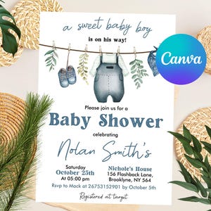 Editable Boy Baby Shower Invitation, Baby Clothes Invite A sweet baby boy is on his way Laundry Blue Greenery, Digital template